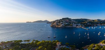 Aerial view, Andratx, Port d'Andratx, coast and natural harbor at dusk, Malloca, Balearic Islands, Spain