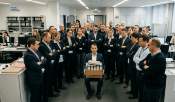 Ein Unternehmer zwischen 30 Beamten