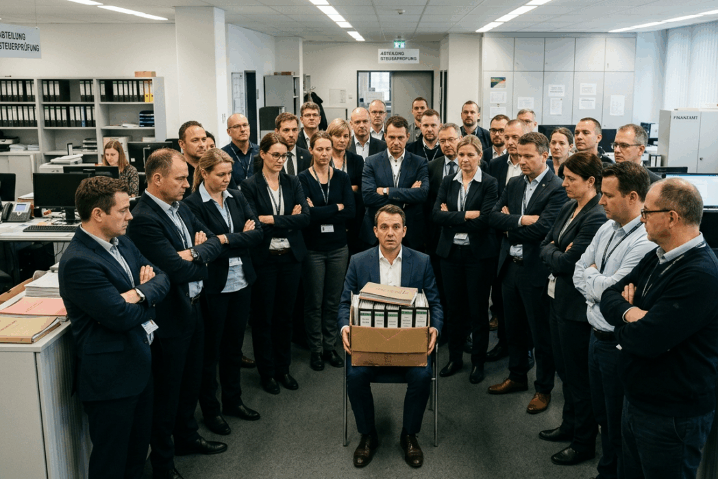 Ein Unternehmer zwischen 30 Beamten