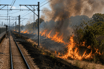 Ein schwerer Böschungs- und Flächenbrand direkt neben den Schienen hat heute den gesamten Zugverkehr zum Flughafen London-Stansted lahmgelegt.Der Vorfall: Das Feuer brach gegen 14:00 Uhr Ortszeit an den Gleisen bei Waltham Cross (Waltham Abbey, nördlich von London) aus. Angeacht durch Hitze und Trockenheit gerieten rund 14 Hektar Grasland – die Fläche von etwa 20 Fußballfeldern – direkt neben den Schienen in Brand.